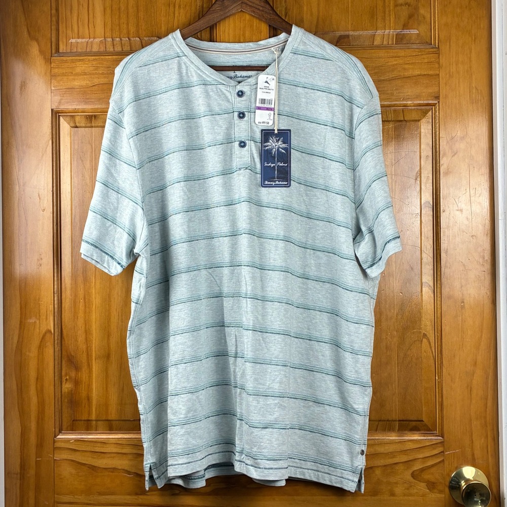 Tommy Bahama NWT XXL Indigo Palms Soleil Stripe Henley Overcast Organic Cotton